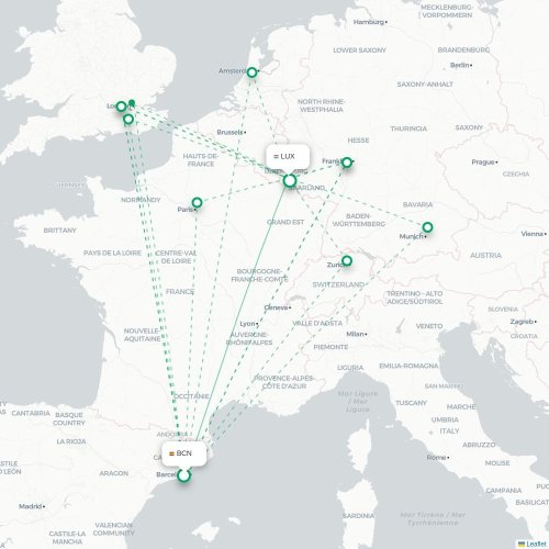 Mapa de vuelo directo Barcelona - Luxemburgo