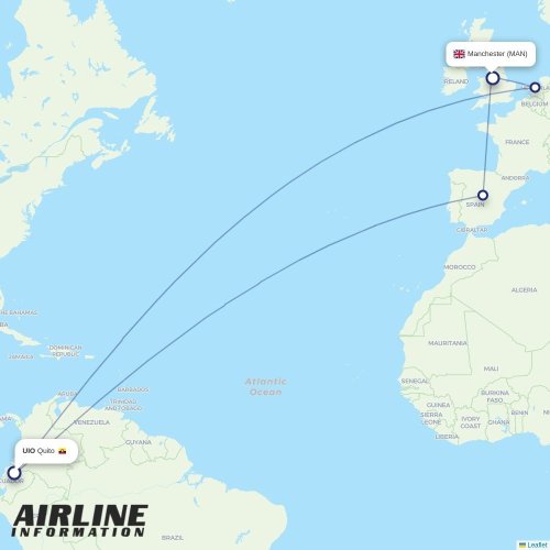 Mapa de vuelo directo Barcelona - Mánchester