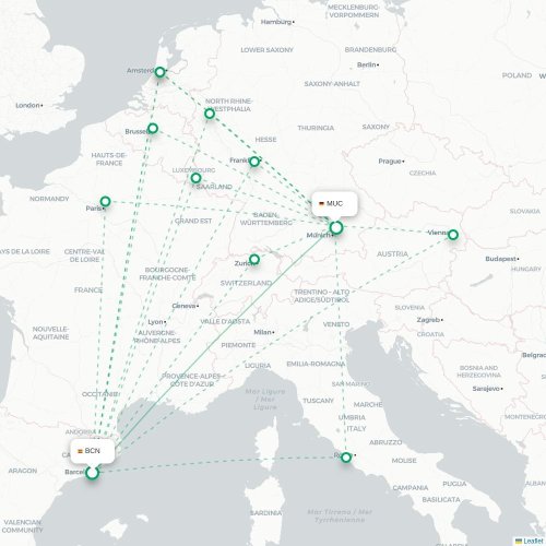 Mapa de vuelo directo Barcelona - Múnich