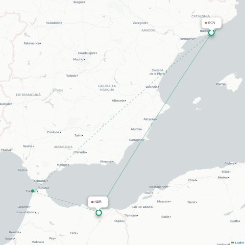 Mapa de vuelo directo Barcelona - Nador