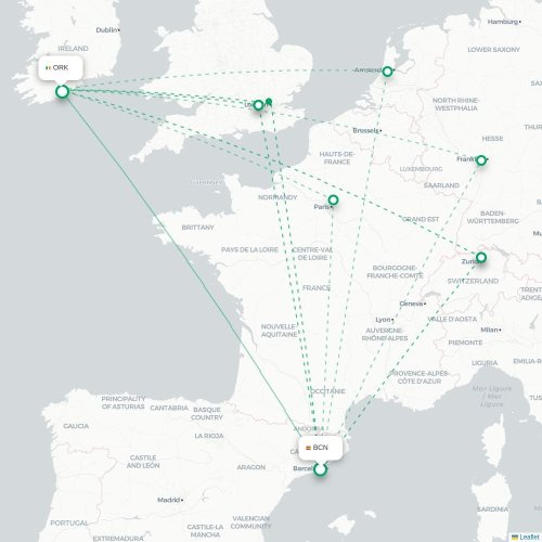Mapa lotu bezpośredniego Barcelona – Cork