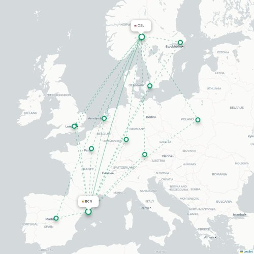 Mapa de vuelo directo Barcelona - Oslo