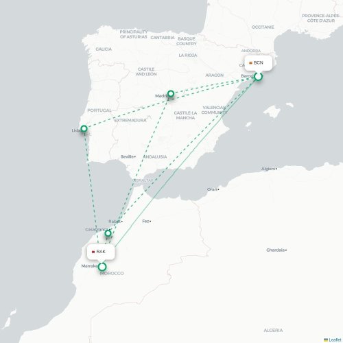Mapa de vuelo directo Barcelona - Marrakech