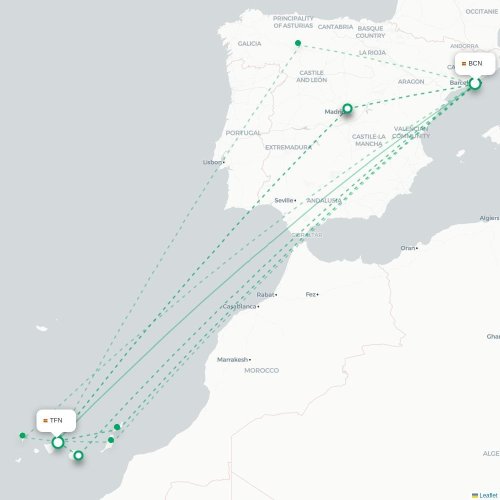 Barcelone - Santa Cruz de Ténérife carte du vol direct