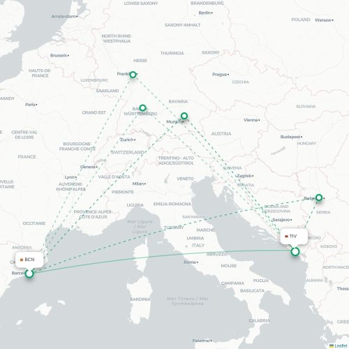 Mapa lotu bezpośredniego Barcelona – Tivat