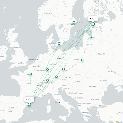 Barcelona - Tallinn kort over direkte fly