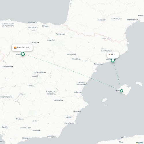 Mapa de vuelo directo Barcelona - Valladolid