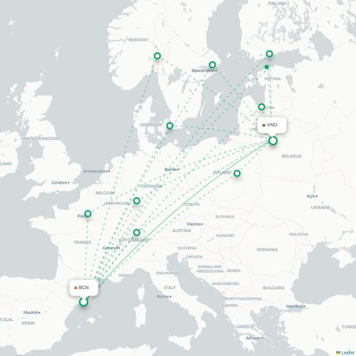 Mapa lotu bezpośredniego Barcelona – Wilno