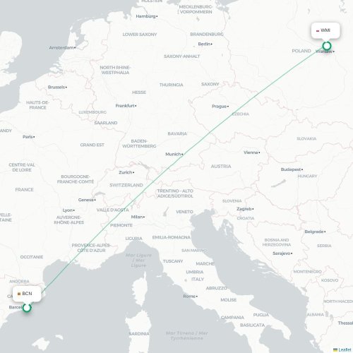 Mapa lotu bezpośredniego Barcelona – Warszawa