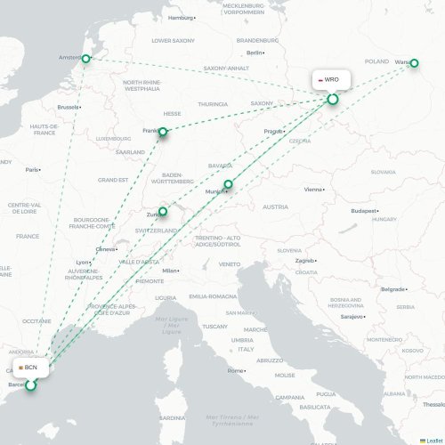 Mapa lotu bezpośredniego Barcelona – Wrocław