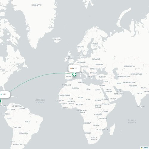 Mapa de vuelo directo Barcelona - Comayagua