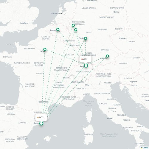 Mapa de vuelo directo Barcelona - Zúrich