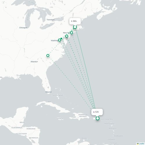 Hartford - San Juan direct flight map