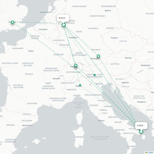 Brindisi - Düsseldorf kaart van rechtstreekse vlucht