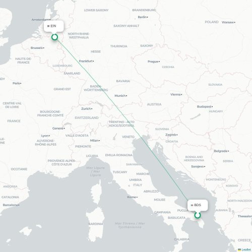 Mapa lotu bezpośredniego Brindisi – Eindhoven