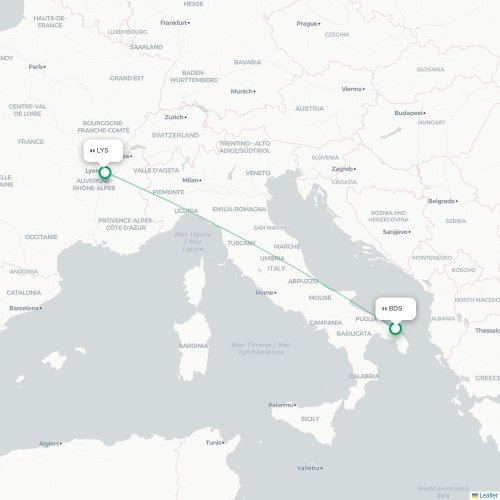 Mapa de vuelo directo Brindisi - Lyon