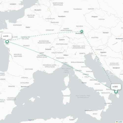 Brindisi - Nantes karta över direktflyg