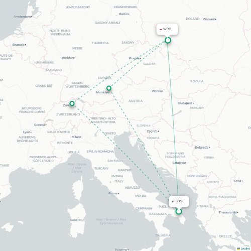 Mapa lotu bezpośredniego Brindisi – Wrocław