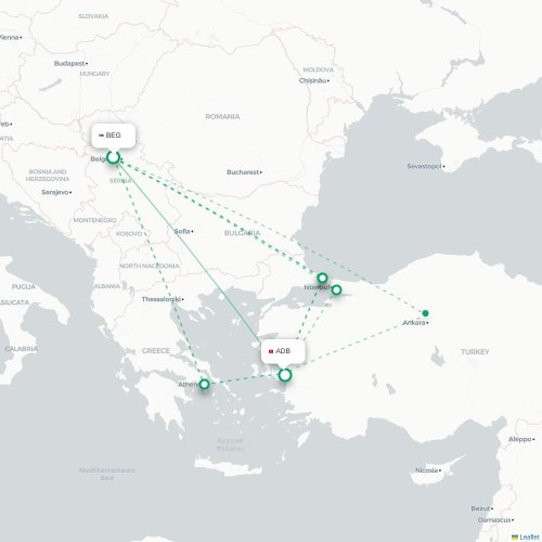Mapa de vuelo directo Belgrado - Esmirna