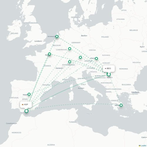 Mapa de vuelo directo Belgrado - Málaga