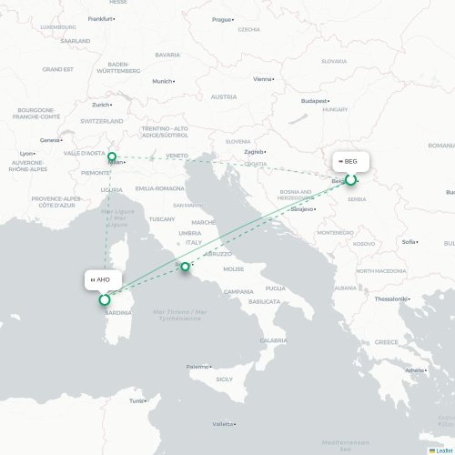 Mapa de vuelo directo Belgrado - Alguer