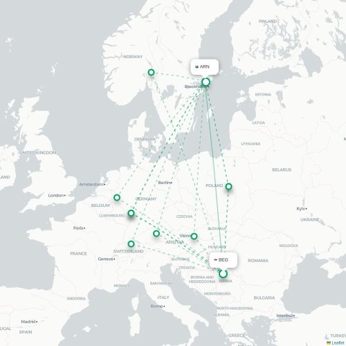 Mapa de vuelo directo Belgrado - Estocolmo