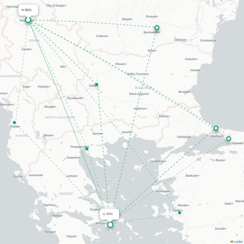 Mapa de vuelo directo Belgrado - Atenas