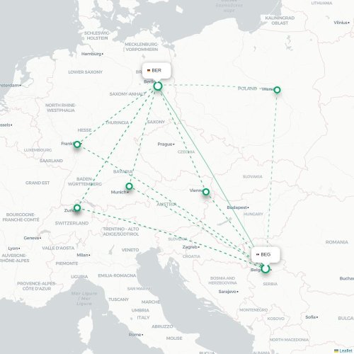 Mapa de vuelo directo Belgrado - Berlín