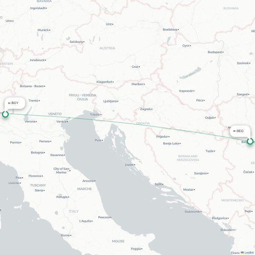 Mapa de vuelo directo Belgrado - Bérgamo