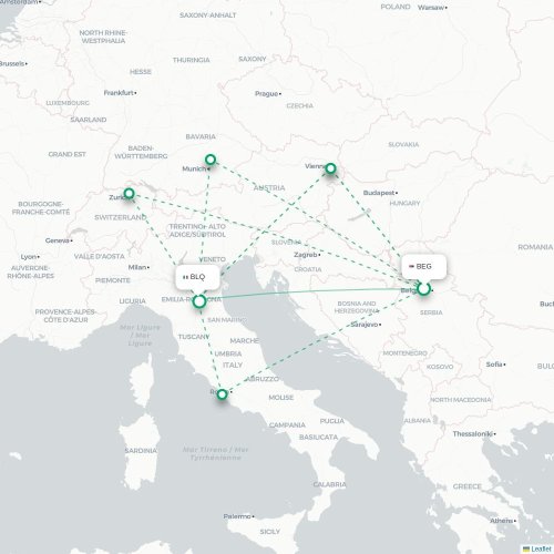 Mapa de vuelo directo Belgrado - Bolonia