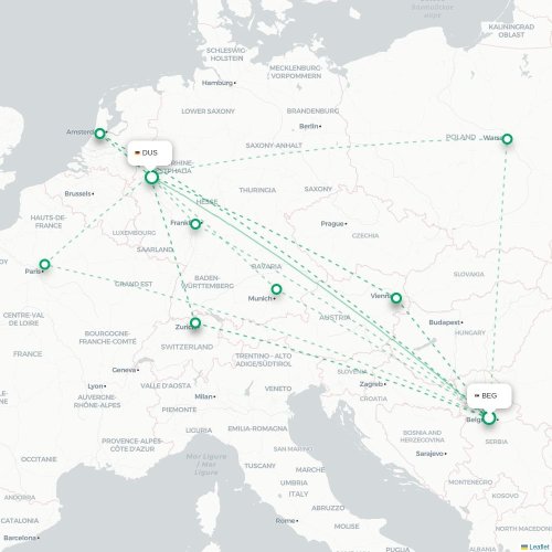 Mapa de vuelo directo Belgrado - Düsseldorf