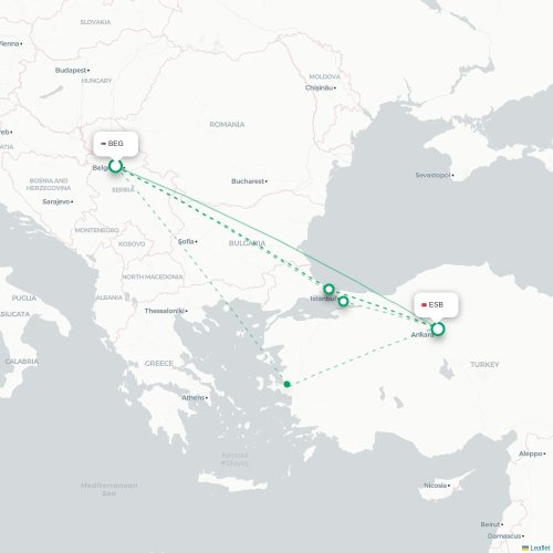 Mapa de vuelo directo Belgrado - Angora