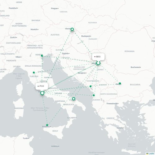 Mapa de vuelo directo Belgrado - Roma