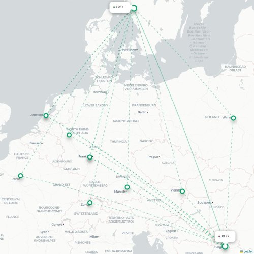 Mapa de vuelo directo Belgrado - Gotemburgo