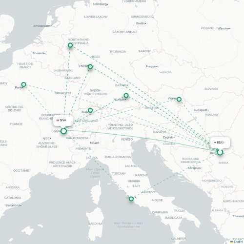 Mapa de vuelo directo Belgrado - Ginebra