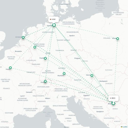 Mapa de vuelo directo Belgrado - Hamburgo