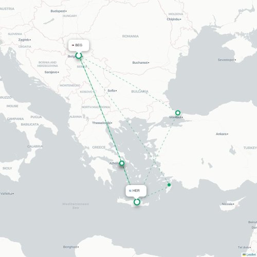 Mapa de vuelo directo Belgrado - Heraclión