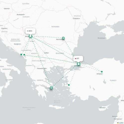 Mapa de vuelo directo Belgrado - Estambul