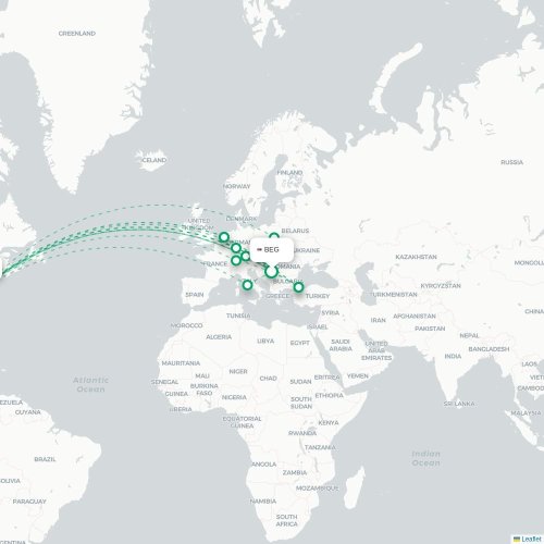 Mapa de vuelo directo Belgrado - Nueva York