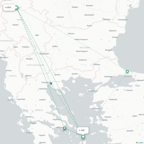 Mapa de vuelo directo Belgrado - Míkonos