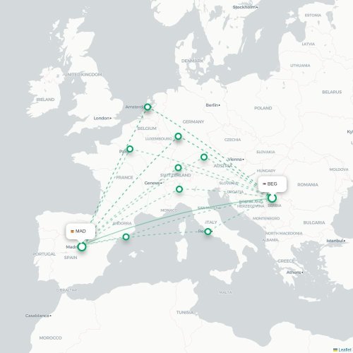 Mapa de vuelo directo Belgrado - Madrid
