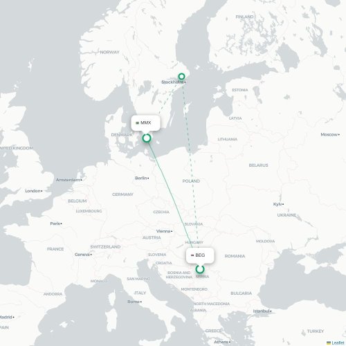 Mapa de vuelo directo Belgrado - Malmo