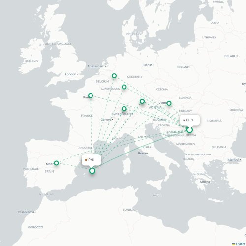 Mapa de vuelo directo Belgrado - Palma