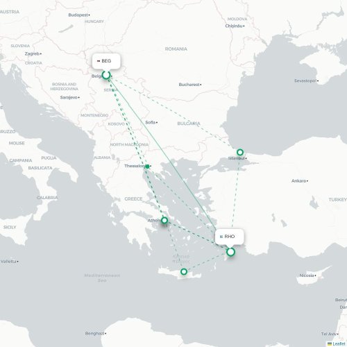 Mapa de vuelo directo Belgrado - Rodas
