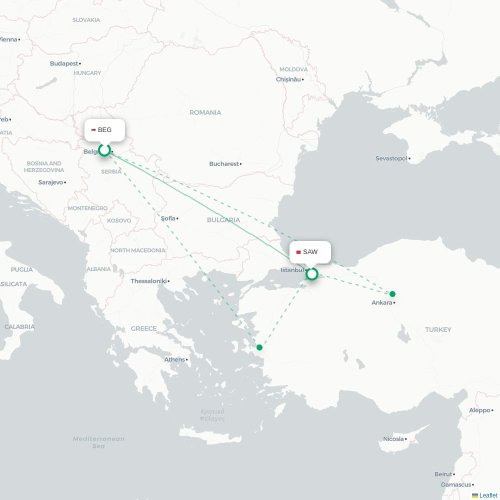 Mapa de vuelo directo Belgrado - Estambul