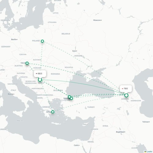 Mapa de vuelo directo Belgrado - Tiflis