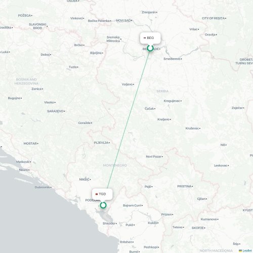 Mapa de vuelo directo Belgrado - Podgorica