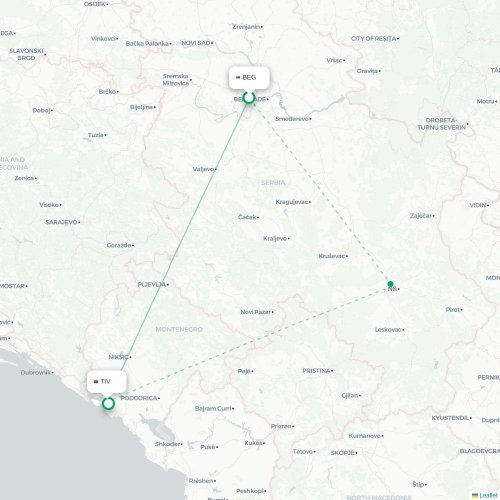 Mapa de vuelo directo Belgrado - Tivat