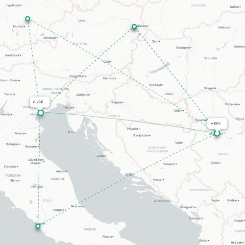 Mapa de vuelo directo Belgrado - Venecia