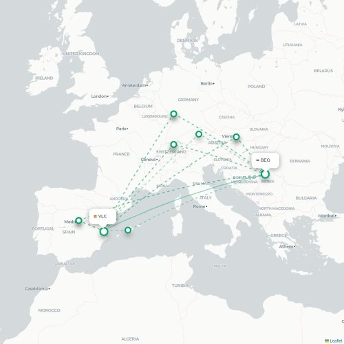 Mapa de vuelo directo Belgrado - Valencia